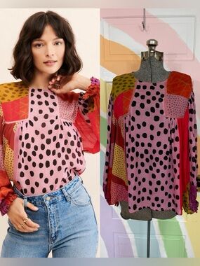 Bl^nk London Anthropologie Miranda Peasant Patchwork Blouse Sz S 💛🍄